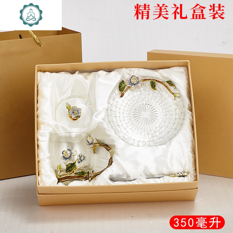 创意耐热早餐牛奶水杯家用带把透明玻璃杯子咖啡杯少女果汁花茶杯 封后 [礼盒装]茉莉矮杯+盖子(送珐琅勺)+盘子