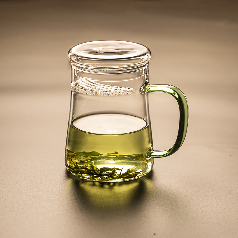 自带过滤玻璃杯龙井绿茶杯带盖办公室泡茶杯水杯子带把 绿把绿茶杯