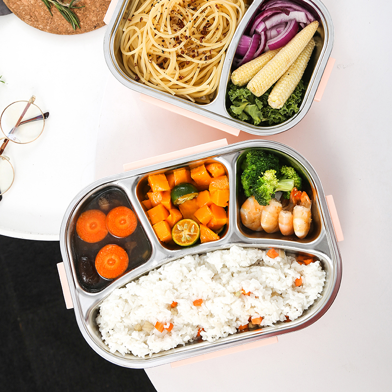 不锈钢饭盒便当盒烘焙精灵上班族饭盒成人学生餐盒套装分隔型大容量盒 小3格冰川蓝+勺筷1000ML