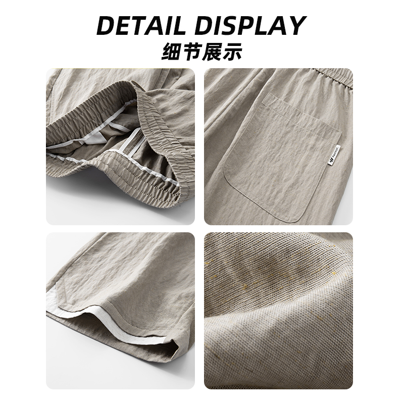 啄木鸟男士天丝七分裤亚麻短裤子夏季薄款宽松直筒中裤冰丝短裤男高清大图