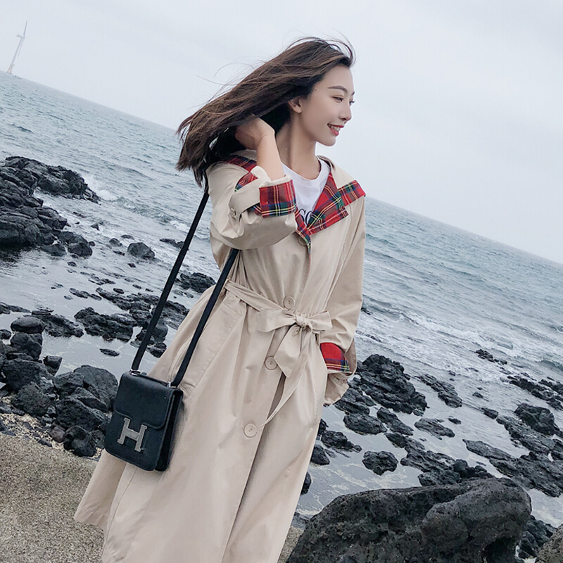 2018秋季中长款撞色chic风衣女火学生连帽宽松过膝外套