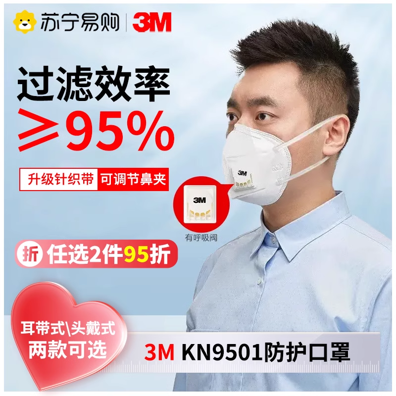 3M口罩9501 KN95防沙尘暴面罩花粉防雾霾粉尘防风呼吸阀3d立体白色
