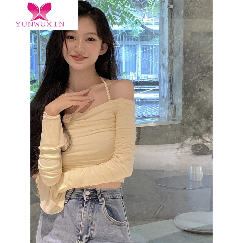 YUNWUXIN一字肩挂脖T恤女装早秋chic甜辣妹性感长袖紧身显瘦短款玫瑰上衣