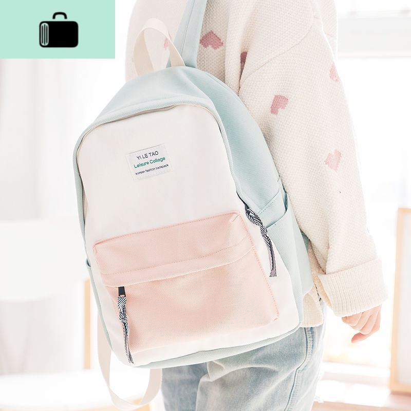 帆布双肩包女韩国新款学院风潮简约百搭学生书包森系撞色背包NEW LAKE高清大图