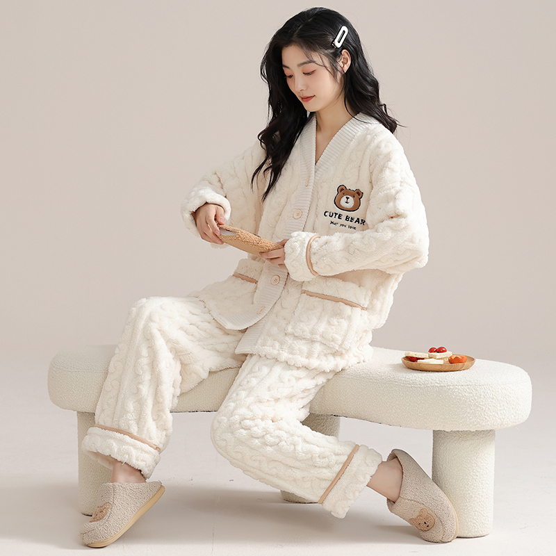 花花公子珊瑚绒睡衣女士冬保暖家居服套装加绒加厚2025新款高保女高清大图