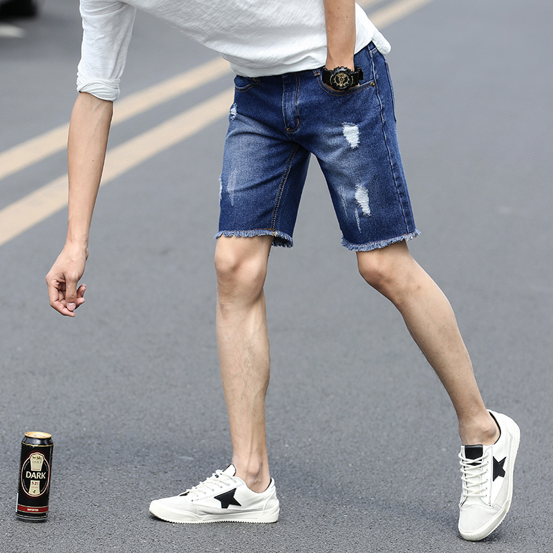 吉普战车2021年夏季新款时尚中青年男士牛仔裤男士短裤薄款破洞猫爪修身直筒休闲裤男士中裤男装潮流五分裤男裤潮款