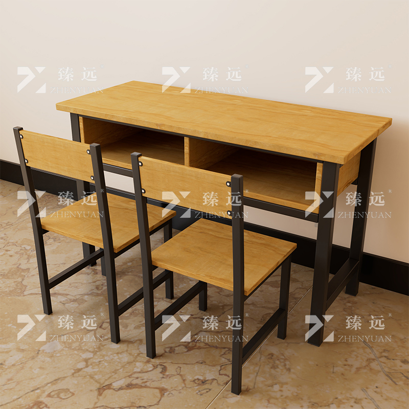 臻远ZY4082148 学生课桌椅双层带抽屉培训班学习桌学校辅导班教室双人桌 胡桃色含椅子+黑架1200*600*800高清大图