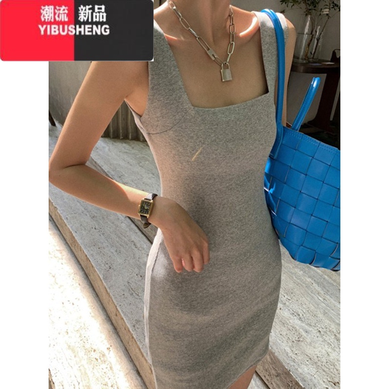 YIBUSHENG美式性感方领宽肩带弹力背心连衣裙女辣妹收腰显瘦无袖N女感显高清大图