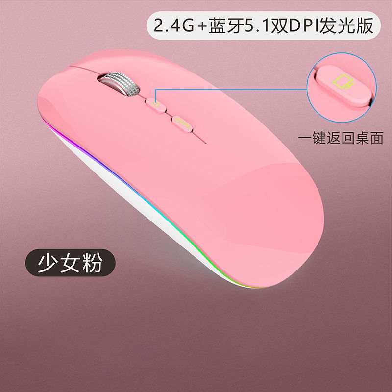 [iPad手机都能用]充电无线鼠标 蓝牙双模鼠标 女生可爱台式笔记本通用联想华为华硕惠普无线鼠标 粉色蓝牙+一键返回桌面