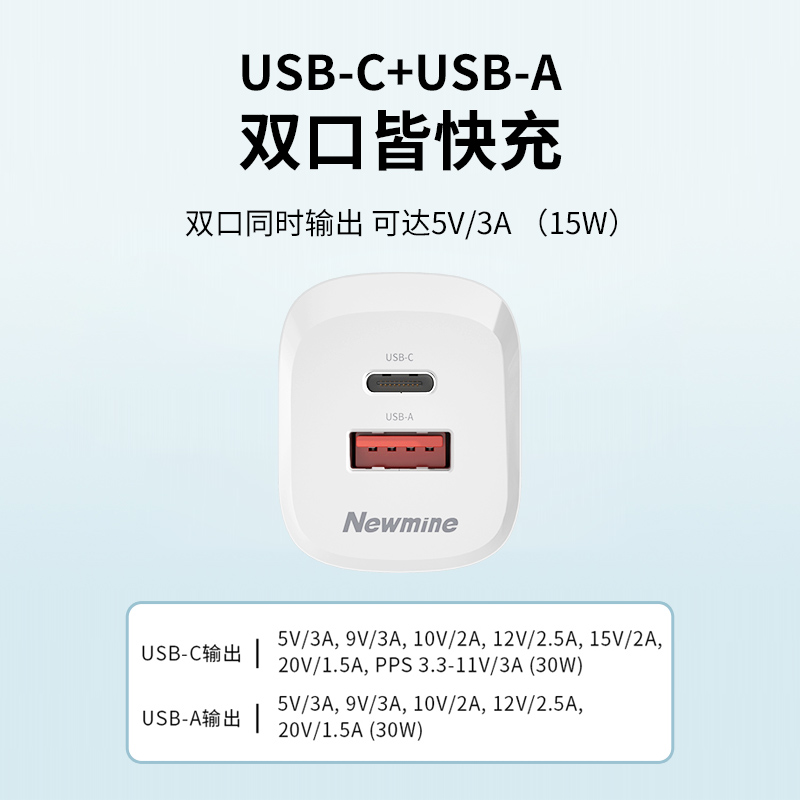 纽曼(Newmine)30W氮化镓快充充电器USB+Type-C双口充电头兼容27/20W/18W支持高清大图