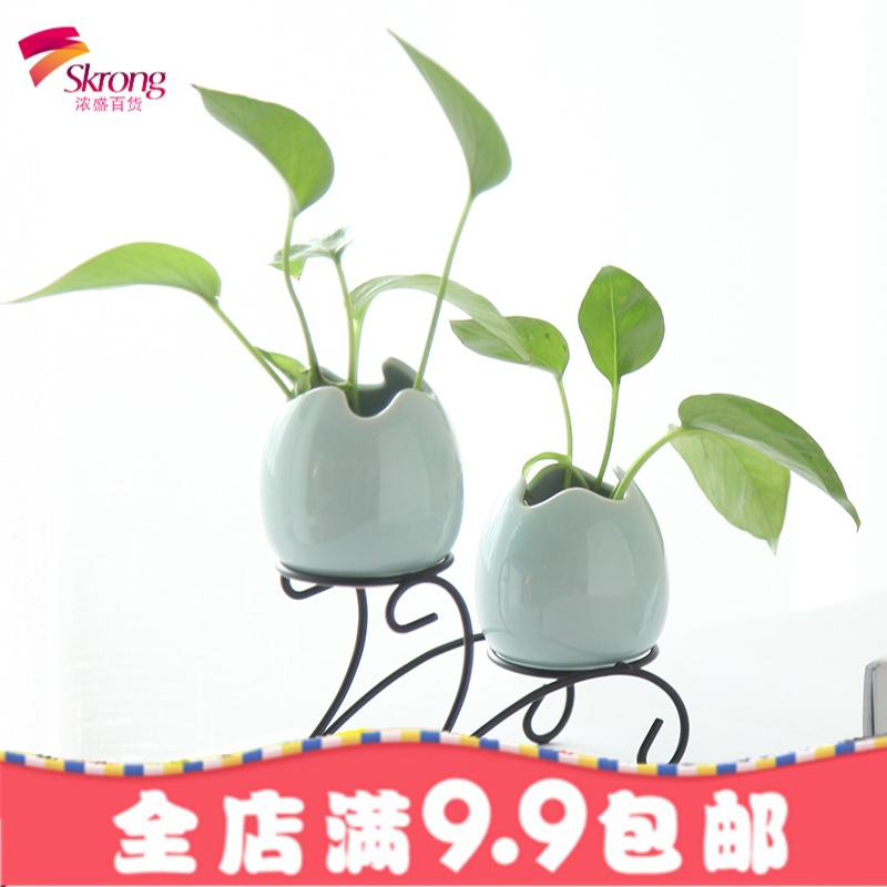 龙泉青瓷创意简约水培花瓶陶瓷花瓶玻璃花瓶铁架花瓶绿萝水养桌面