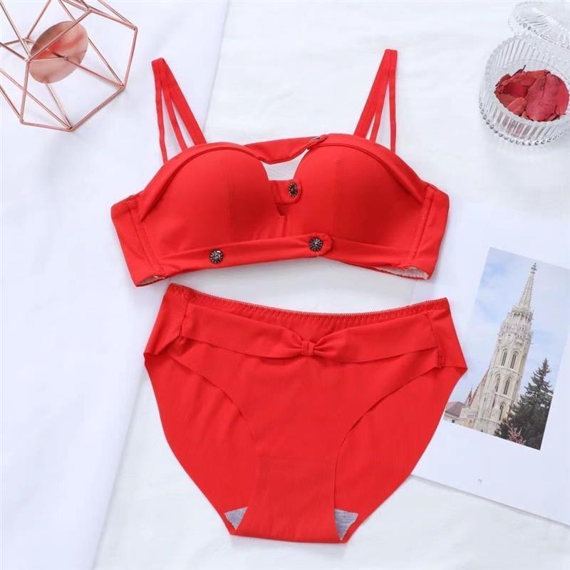 少女内衣女学生无钢圈小胸聚拢性感性感美背大红色本命年文胸套装