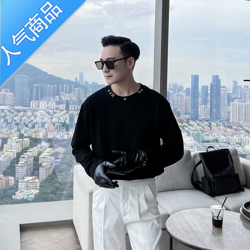 喻娄[]原创设计韩版潮男纯色圆领休闲T恤ins男士百搭长袖图片