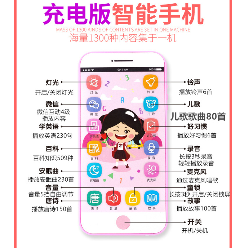 儿童玩具手机仿真触屏可充电可咬婴儿音乐电话宝宝男孩女孩 [充电版带话筒]蓝猪-1300内容高清大图
