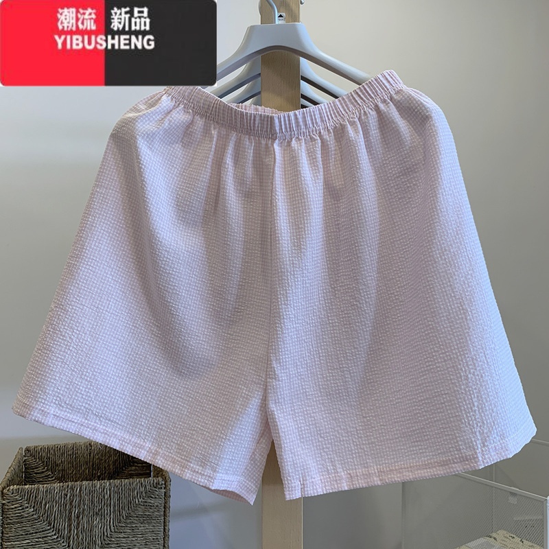 YIBUSHENG格子睡裤女薄款居家懒人裤直筒休闲阔腿裤外穿居家短裤高清大图