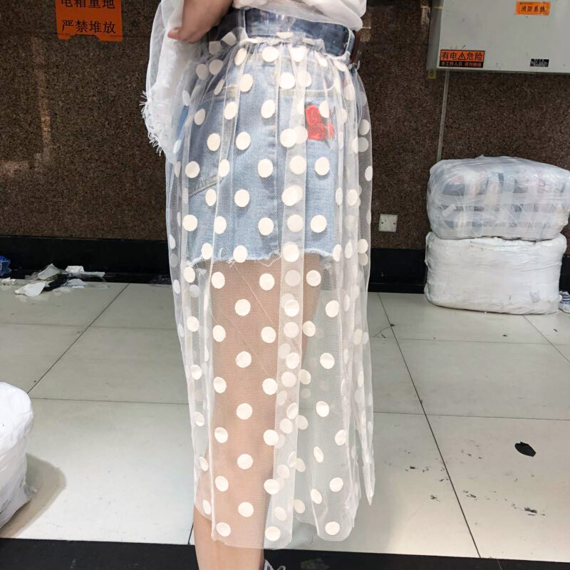 特惠2018夏季波点网纱拼接绣花牛仔短裤女韩版个性chic阔腿热裤子蓝色
