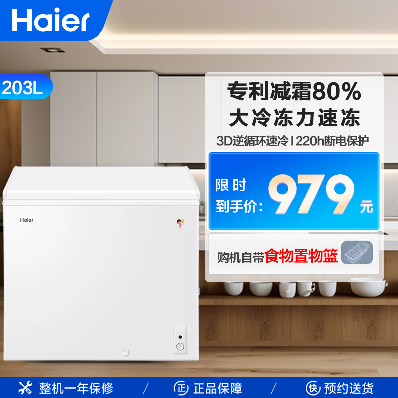 海尔(Haier)203升家用卧式冰柜冷柜小冰箱 减霜80% 断电保护 一级能效 3D逆循环速冷BC/BD-203HTD