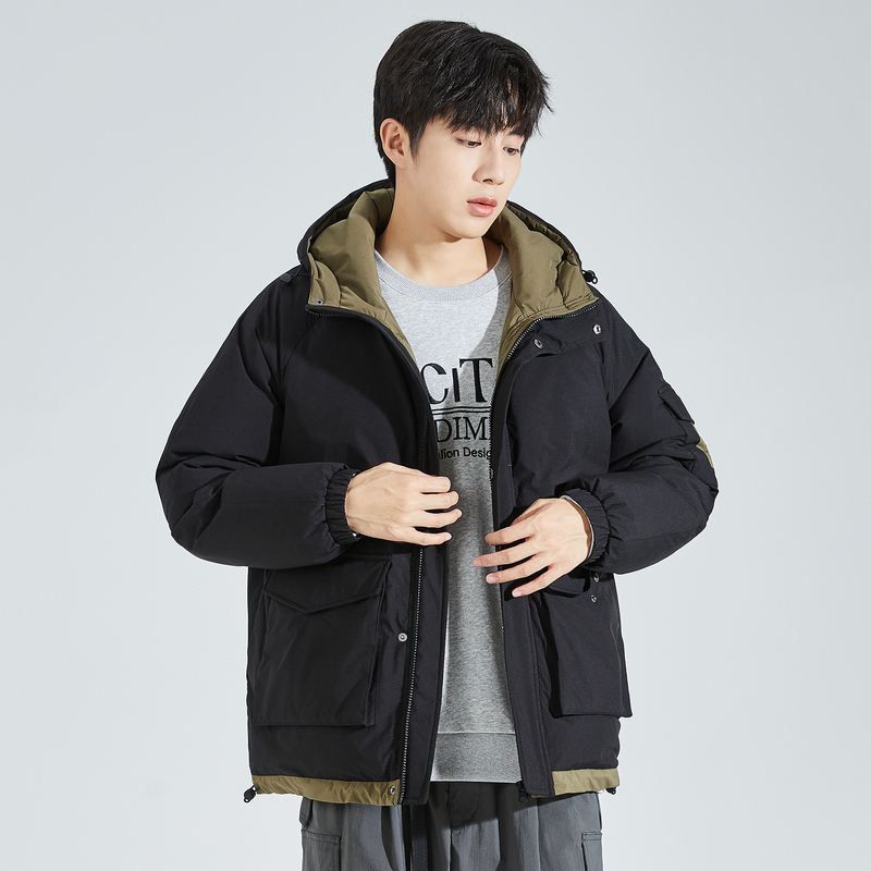 唐狮冬季新款羽绒服男撞色拼接宽松短款连帽保暖加厚外套潮流