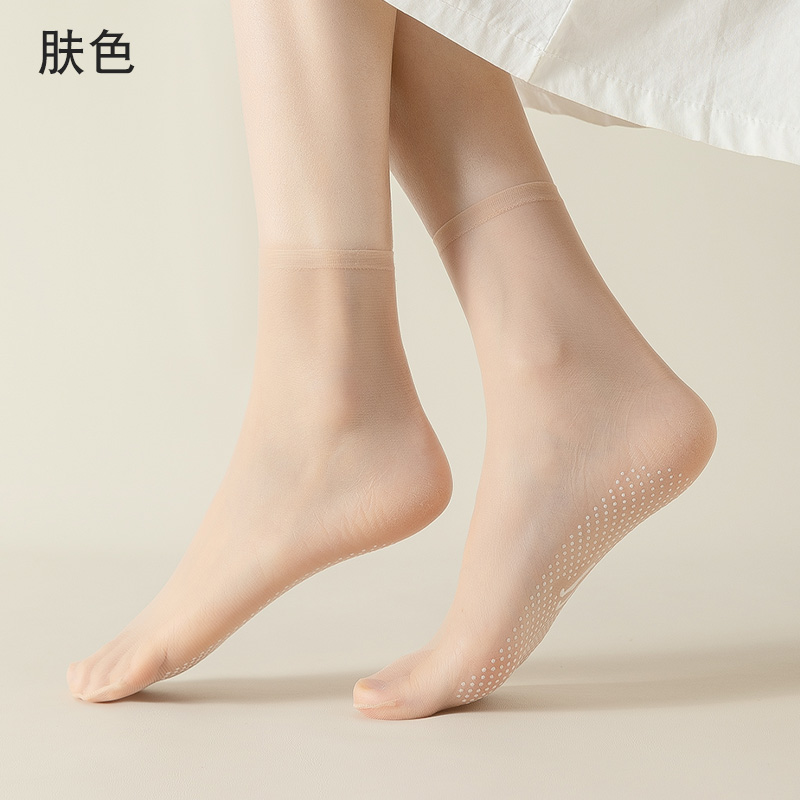浪莎丝袜女短袜夏薄款无痕防勾丝防滑隐形脚尖透明水晶丝超薄中筒 5双肤色5双 均码袜底点胶防滑