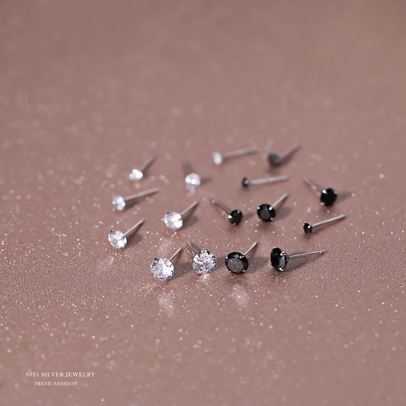 S925纯银3mm四爪锆石耳钉女简约日韩气质百搭迷你耳环养耳洞耳饰送女朋友老婆情人节七夕生日礼物