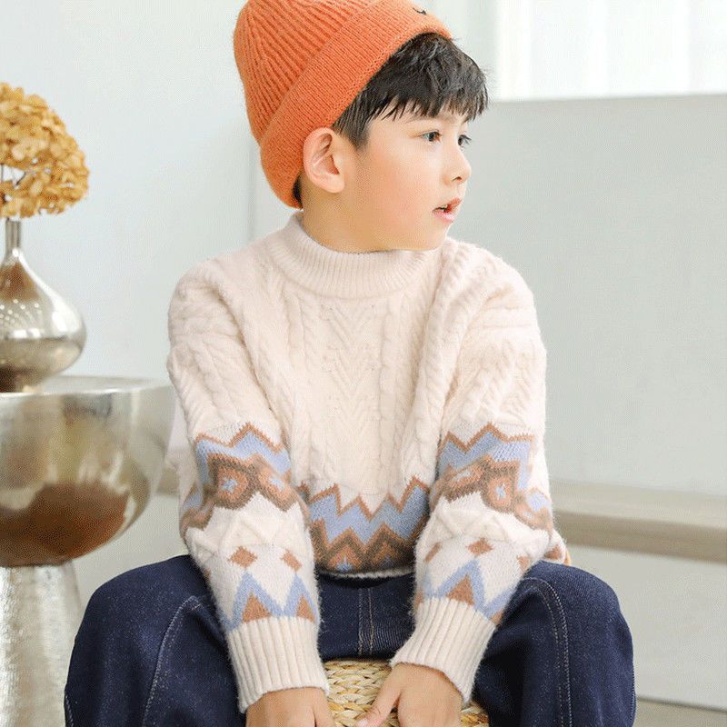 男童毛衣套头秋冬款2023新款洋气儿童针织男孩线衣中大童加绒加厚