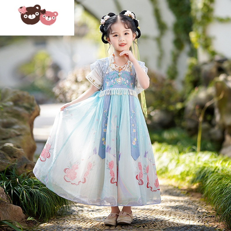 绿彩虹光儿童夏季国学汉服中国风超仙襦裙女童高级唐装小女孩古风童装