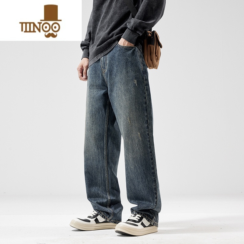 YANXU96棉美式复古宽松阔腿牛仔裤男拖地水洗高街直筒早秋季长裤子高清大图
