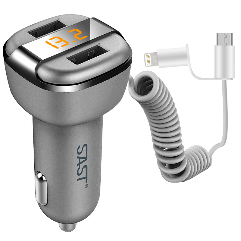先科(SAST)AY-T52S 12-24V 多功能带线车载充电器 灰色