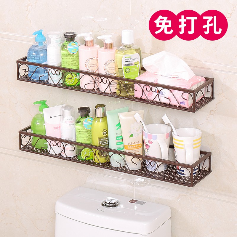 免打孔壁挂浴室置物架卫生间用品用具厕所收纳架子化妆品洗漱台架 三维工匠 加宽版古铜长60*宽16高清大图