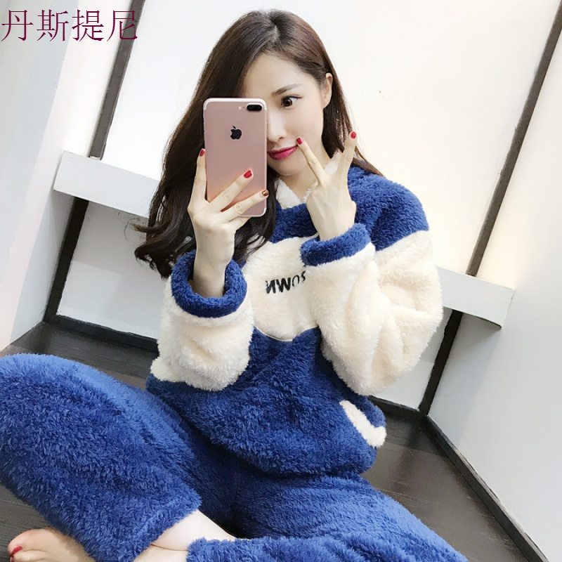 冬季套头睡衣女士冬天珊瑚绒可爱卡通可外穿加厚法兰绒家居服套装