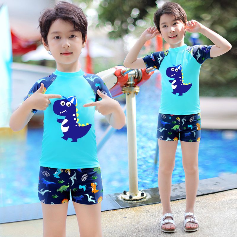儿童泳衣男童泳裤中大童男孩分体游泳衣小宝宝速干温泉游泳套装备 蓝色恐龙 XL（100-110CM）可爱酷炫时尚