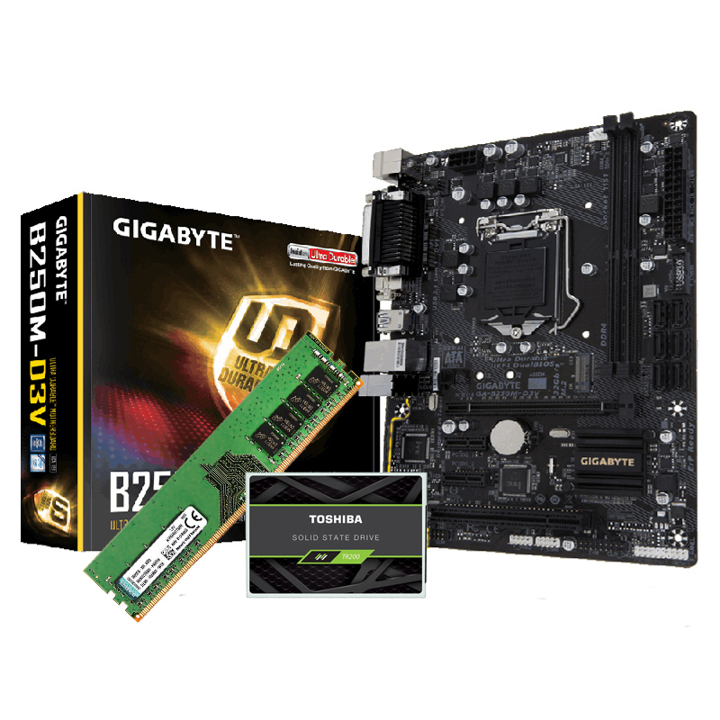 金士顿DDR4 2400 8G台式内存+技嘉B250M-D3V耐久主板+东芝TR200 240G固态硬盘套装