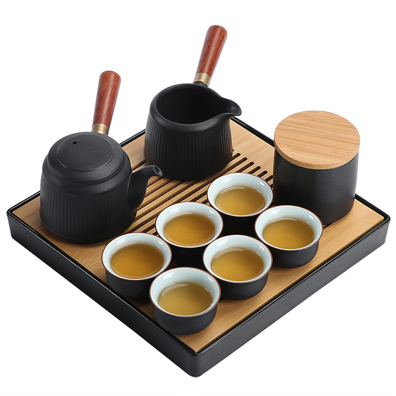 苏氏陶瓷(SUSHI CERAMICS)茶具套装 粗陶线条茶壶竹面储水式茶盘套组带礼盒