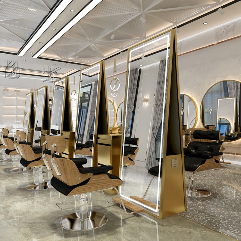 美发镜台轻奢北欧理发店镜子美发店剪发闪电客镜子带灯发廊专用落地