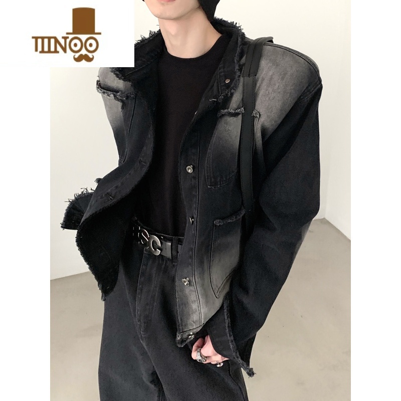 YANXU做旧毛边牛仔外套男设计感小众宽松休闲夹克美式炸街休闲渐变上N高清大图