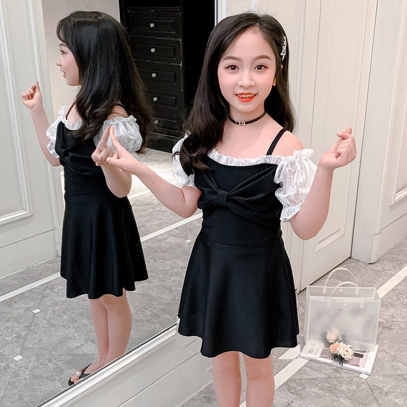 儿童泳衣女女童裙式连体保守小学生中大童公主可爱洋气游泳衣