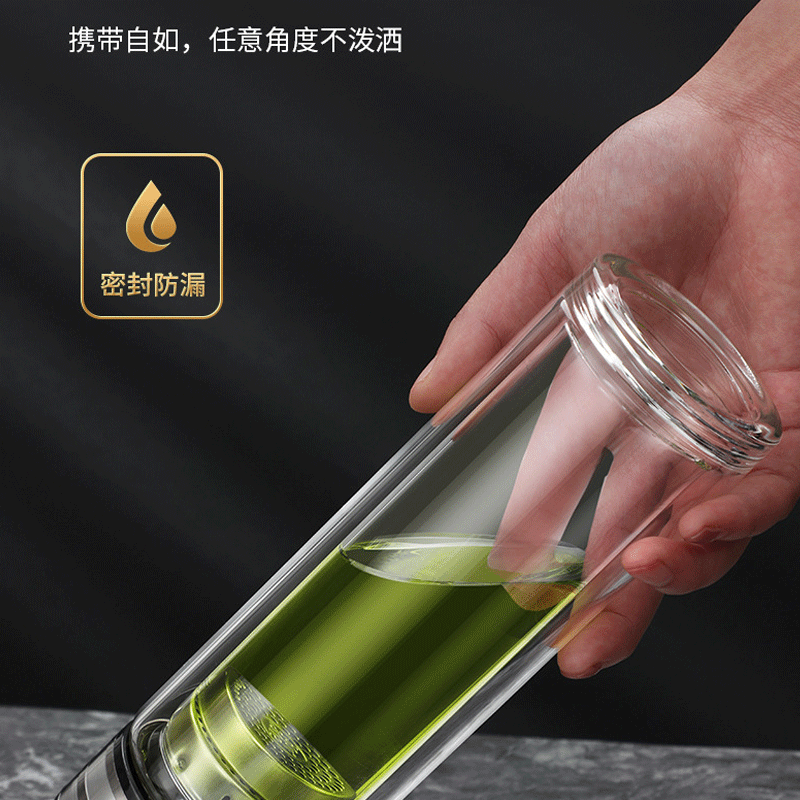 透明双层玻璃杯伴手礼水杯便携提环杯盖-黑色高清大图