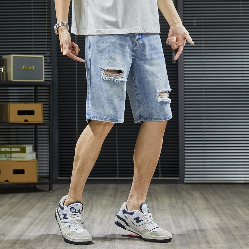 [1.5折价50元]唐狮夏季新款破洞牛仔短裤男浅色薄款直筒裤子美式高街潮牌WP