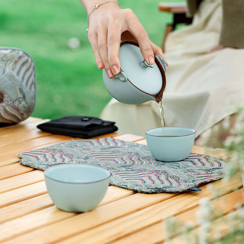 万仟堂(EDENUS) 旅行茶具 快客杯 陶瓷功夫茶具 带便携包 称心如意·易泡壶 粉青釉 一壶2杯 140cc/套高清大图