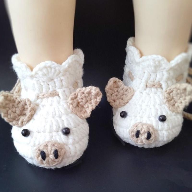 手工钩编新生婴儿鞋软底满月百天宝宝毛线鞋可爱小猪鞋秋冬款成品粉红