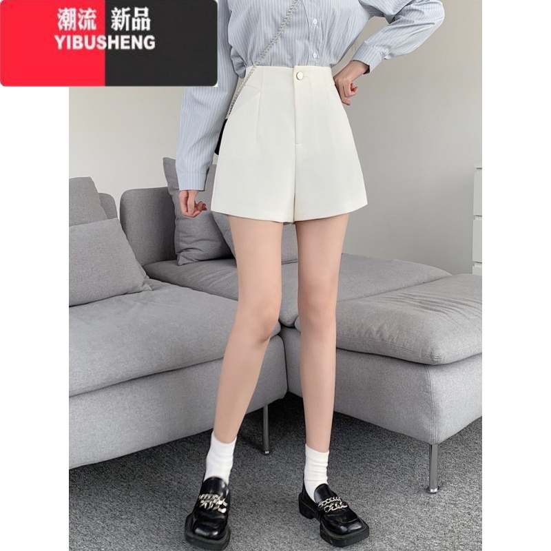 YIBUSHENG西装短裤春阔腿裤女胖mm白色外穿黑色咖色小个子遮肚显瘦休闲裤高清大图