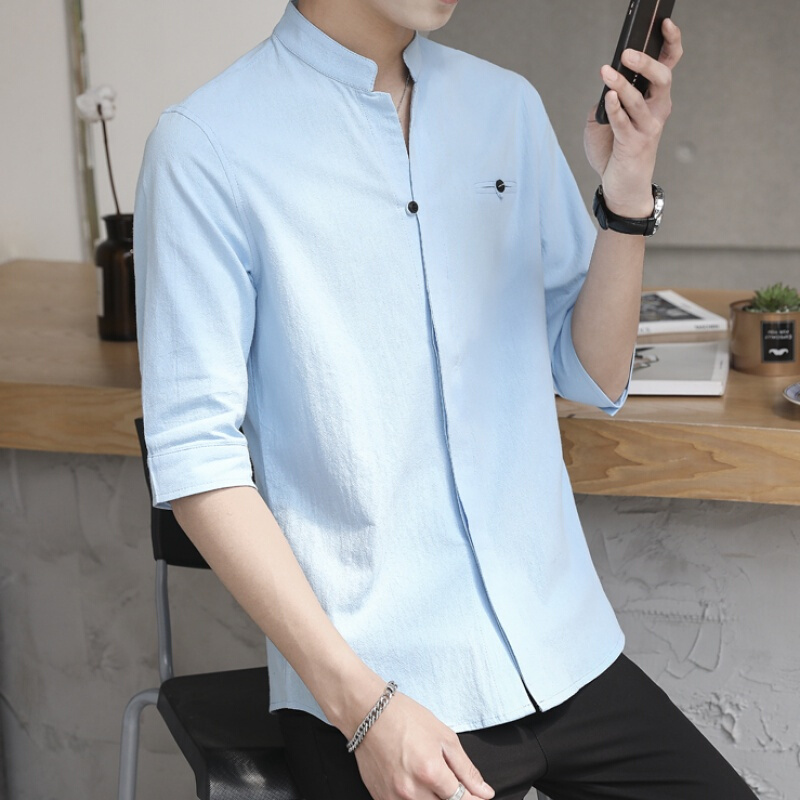 春夏季五分袖立领衬衣男士短袖修身韩版v领七分中袖衬衫衣服潮流yy