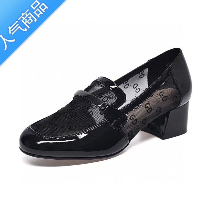 SUNTEK网纱单鞋女2023年夏季新款休闲粗跟乐福鞋透气亮皮英伦小皮鞋图片