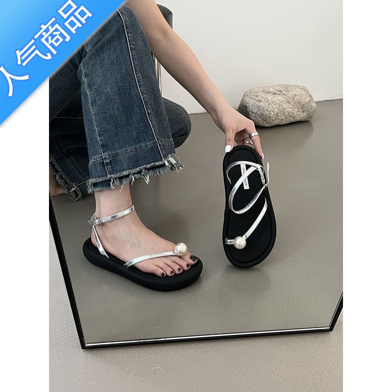 SUNTEK外穿法式凉鞋厚底夹趾罗马鞋女2023夏季新款珍珠温柔仙女风沙滩趾高清大图