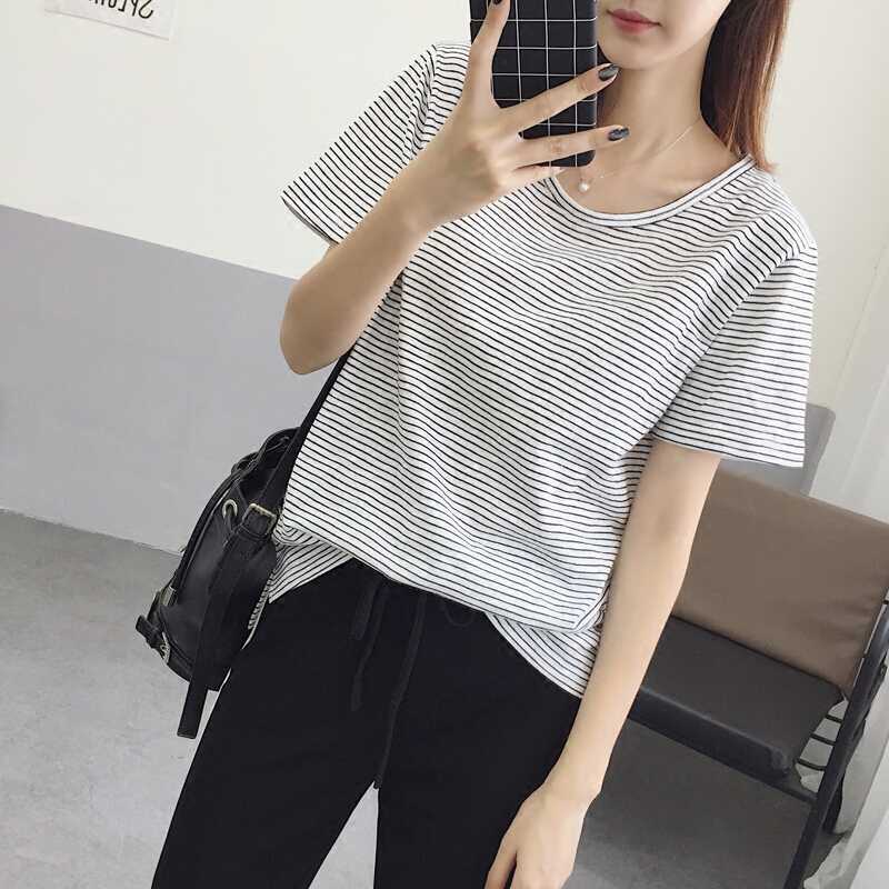 2018夏季新款细条纹短袖T恤女宽松圆领打底衫学生上衣韩版潮红条纹均码