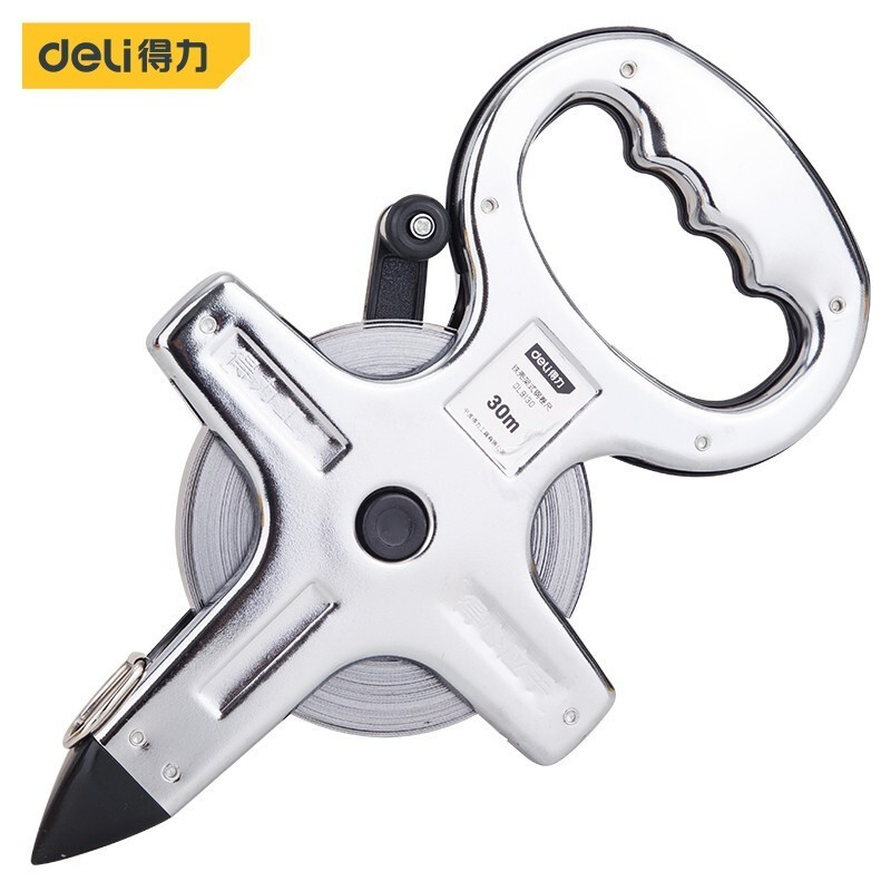 得力(deli)DL9130 架式铁盒钢卷尺 插地工程用米尺 30mx12.5mm 银色 1把