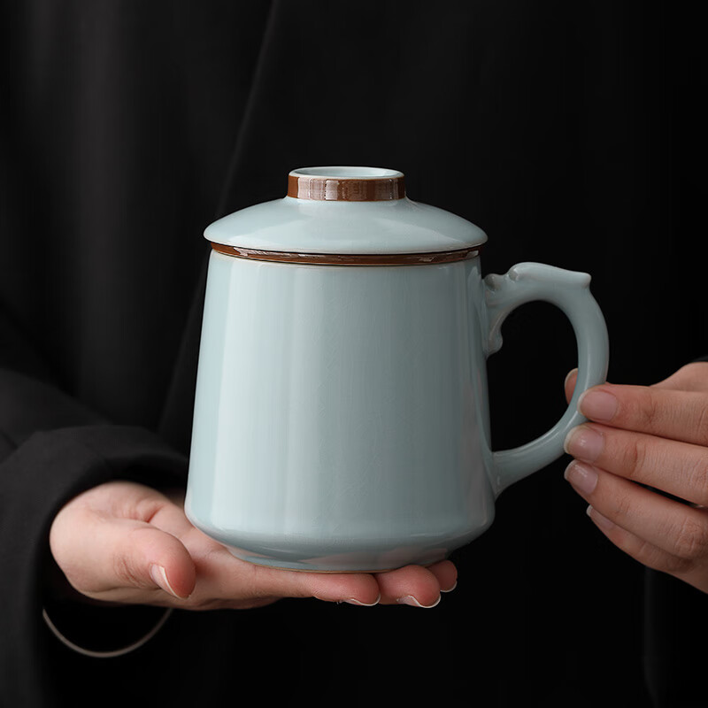 唐丰汝窑办公杯茶水分离杯高档个人陶瓷泡茶杯 天青龙把办公杯礼盒装高清大图
