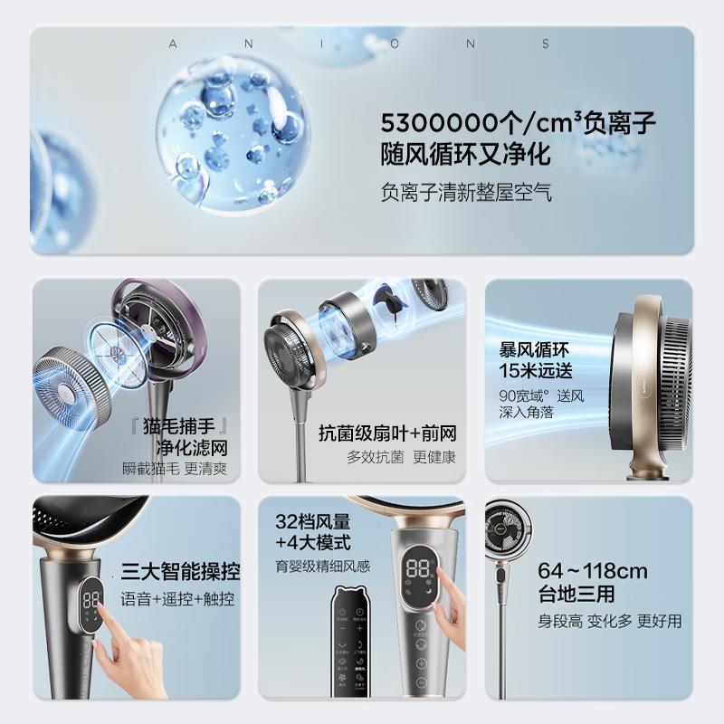 艾美特空气循环扇金环减震0噪感家用32档直流变频AI智能语音摇头电风扇AIR12[深空灰紫]高清大图