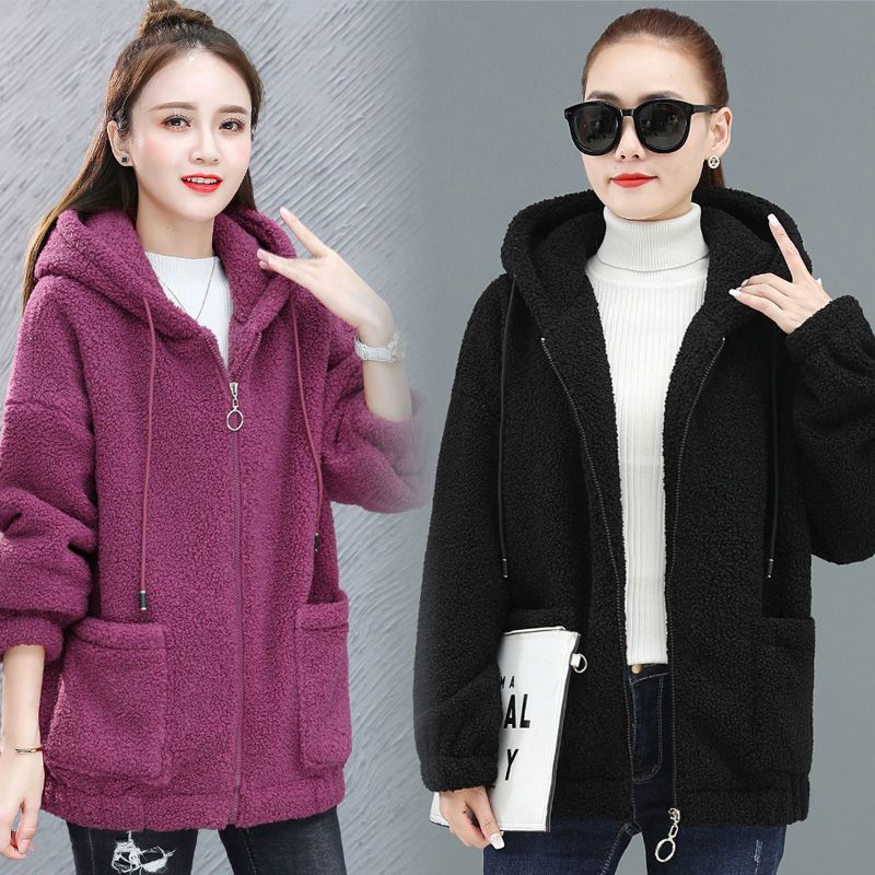 羊羔绒卫衣外套女大码色2021年新款春季连帽宽松韩版拉链开衫潮