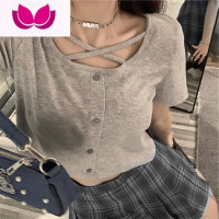 七斓甜辣妹短款t恤女夏季小个子高腰露脐潮ins短袖设计感纯欲风上衣服 2XL 灰色